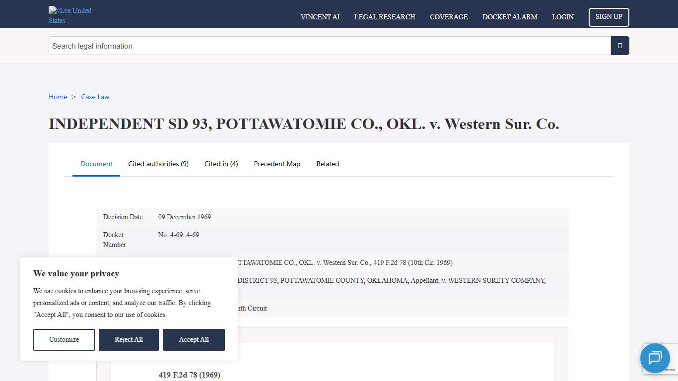 INDEPENDENT SD 93, POTTAWATOMIE CO., OKL. v. Western Sur. Co. (INDEPENDENT SD 93, POTTAWATOMIE CO., OKL. v. Western Sur. Co., 419 F.2d 78 (10th Cir. 1969)) - vLex United States