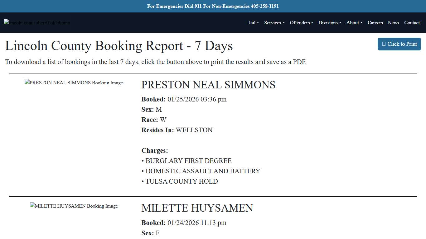 7 Day Booking Report Lincoln County Sheriff's Office