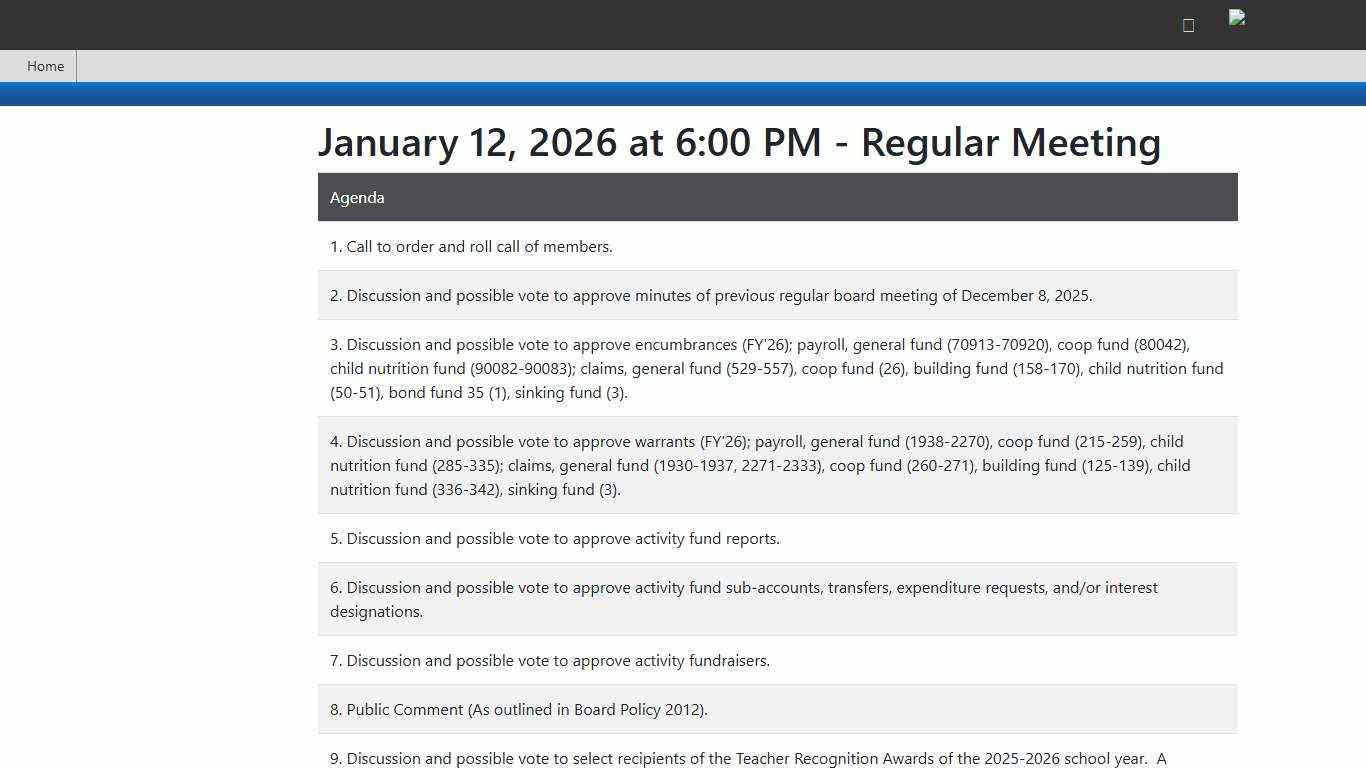 Public Meeting Agenda: January 12, 2026 at 6:00 PM - Regular Meeting - Assemble Meetings
